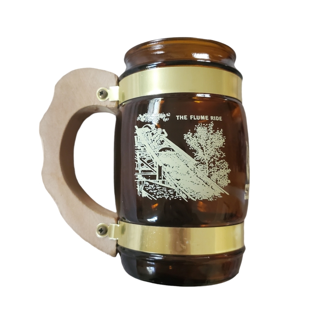 Vintage Souvenir SIX FLAGS Amber Glass Mug Wood Handle Mine Train Siesta Ware S1